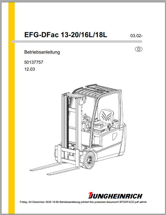 Jungheinrich Forklift EFG Operating Manual DE 2
