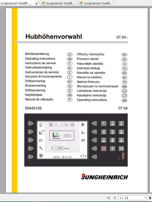 Jungheinrich Forklift lifting height preselection HHV Operating Instructions 1