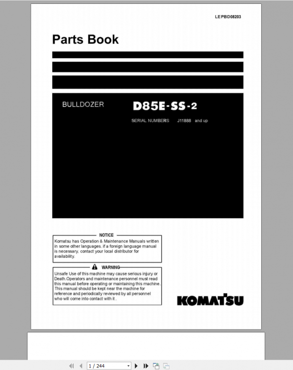 Komatsu Bulldozer D85E SS 2 Parts Book 1