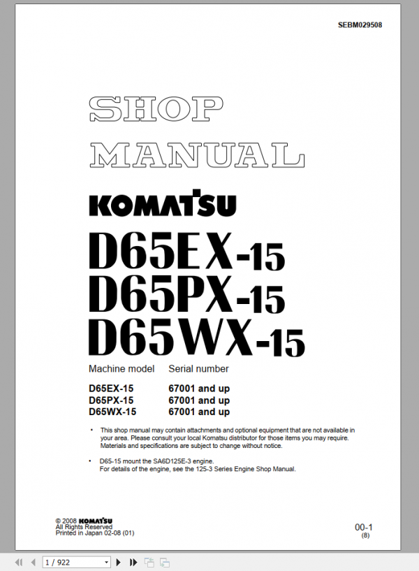 Komatsu D65EX 15D65PX 15D65WX 15 Shop Manual SEBM029508 1