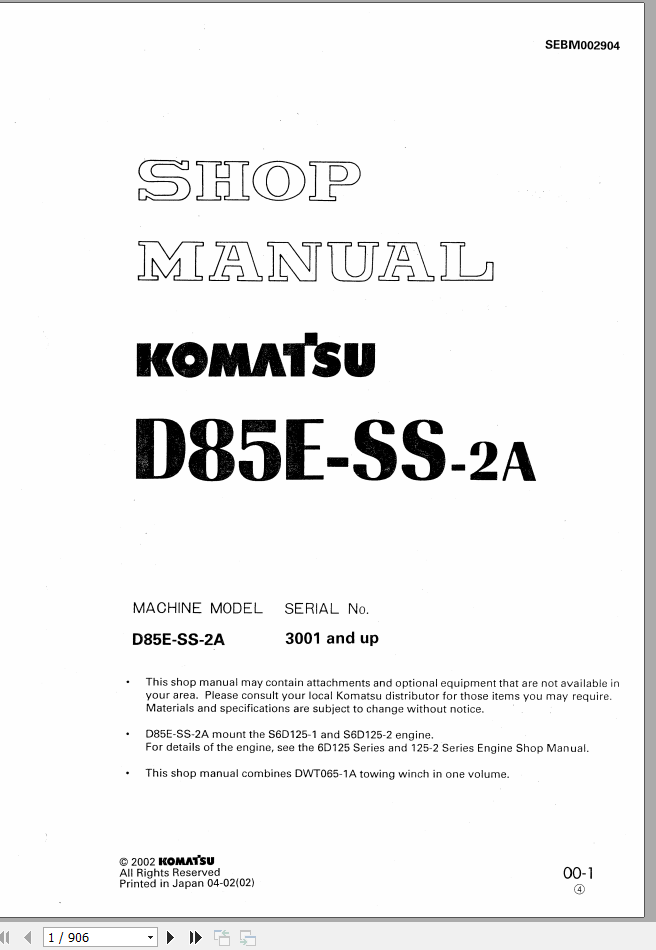 Komatsu D85E SS 2A Shop Manual SEBM029904 1