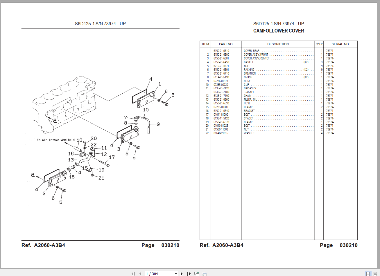 Komatsu Diesel Engine S6D125 1 Parts Book SN73974 1