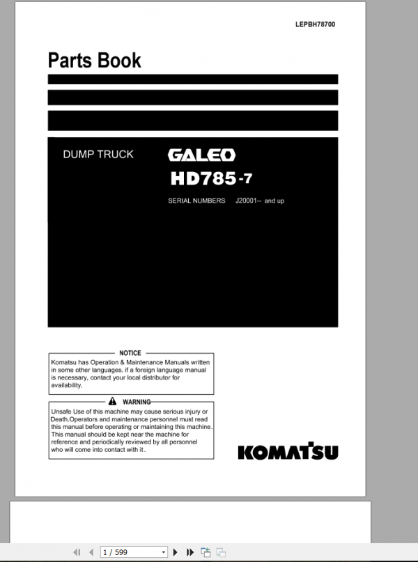Komatsu Dump Truck Galeo HD785 7 Parts Book 1