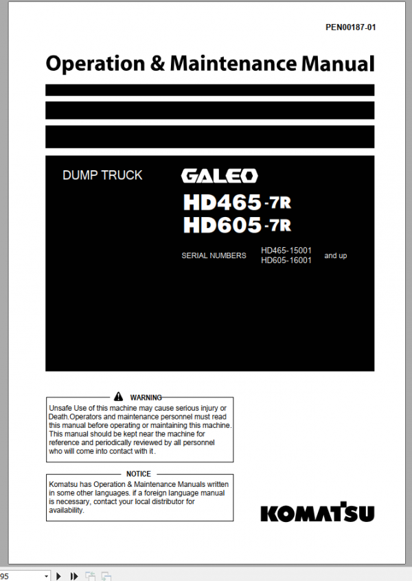 Komatsu Dump Truck HD465 7R HD605 7R Operation Maintenance Manual 1