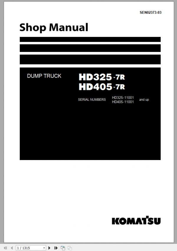 Komatsu Dumpt Truck HD325 7RHD405 7R Shop Manual SEN02373 03 1