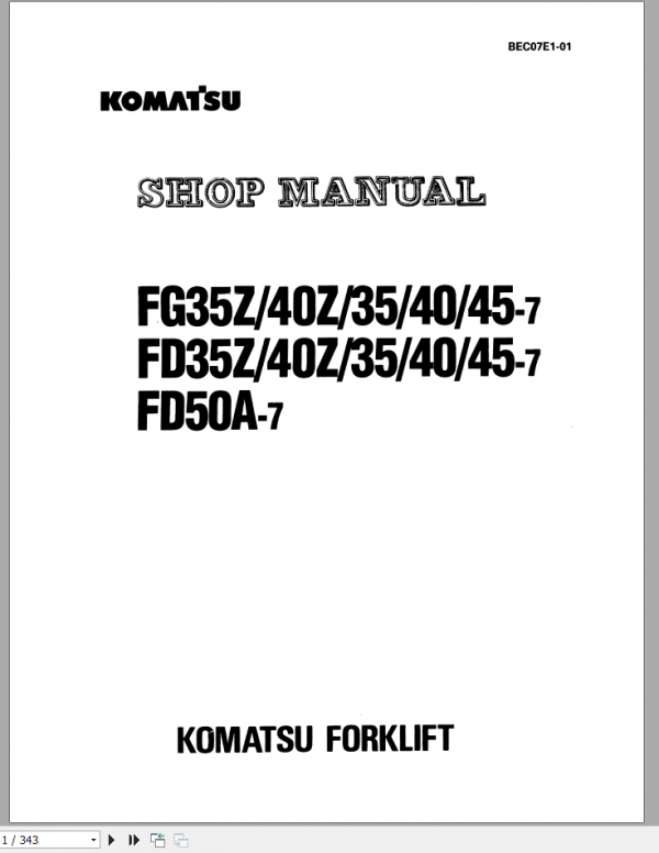Komatsu Forklift FG35Z 45Z 7FD35Z 45 7FD50A 7 Shop Manual BEC07E1 01 1
