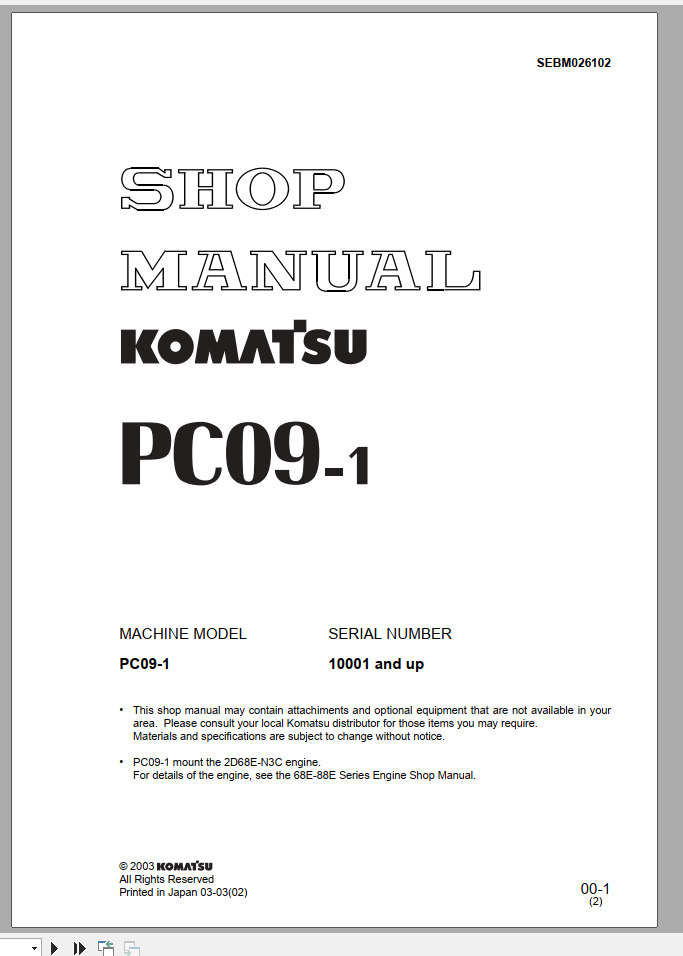 Komatsu Mini Excavator PC09 1 Shop Manual SEBM026102 1