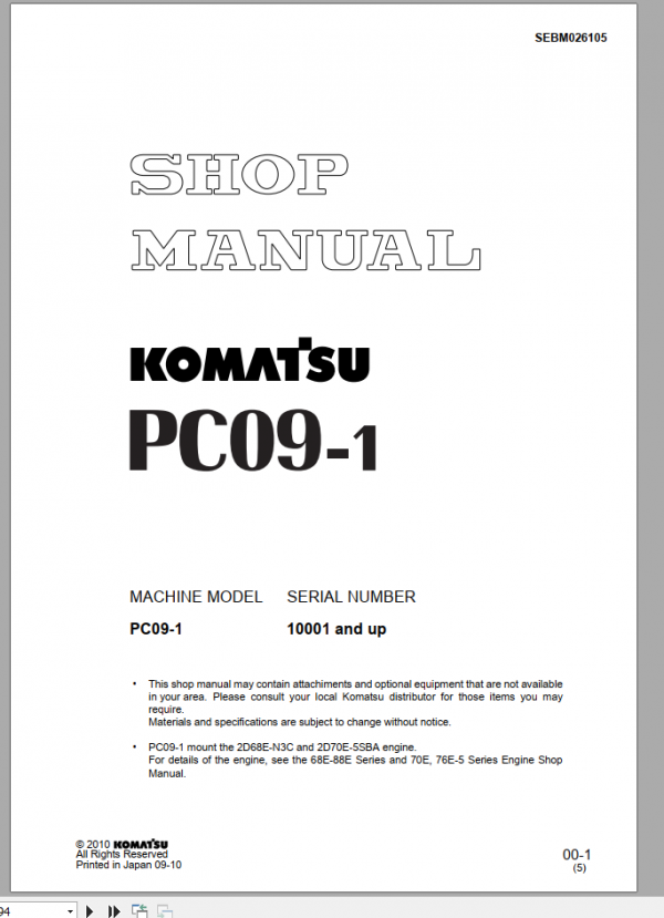 Komatsu Mini Excavator PC09 1 Shop Manual SEBM026105 1