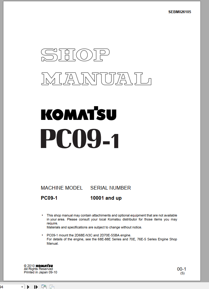Komatsu Mini Excavator PC09 1 Shop Manual SEBM026105 1