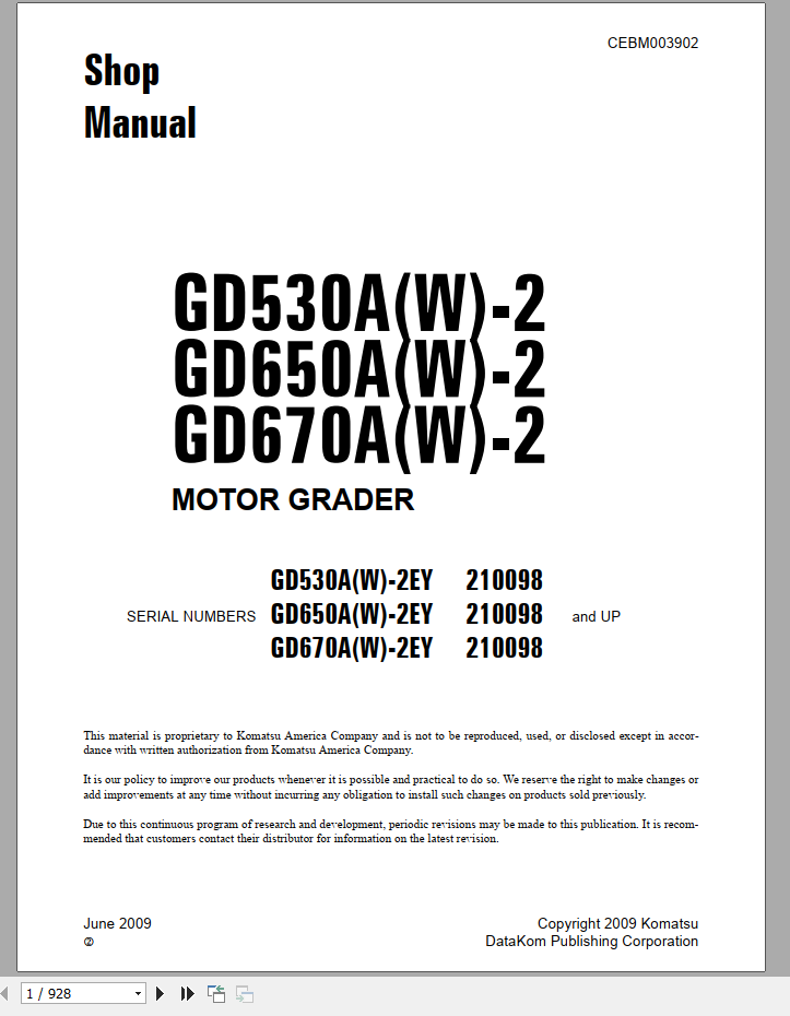Komatsu Motor Grader GD530AW 2 GD670AW 2 Shop Manual CEBM003902 1