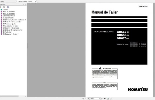 Komatsu Motor Grader GD555 5655 5675 5 55001 UP Shop Manual SEN05215 06 ES 1