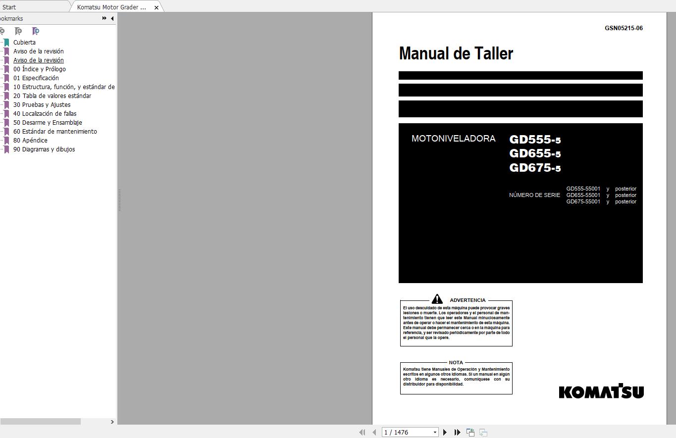 Komatsu Motor Grader GD555 5655 5675 5 55001 UP Shop Manual SEN05215 06 ES 1