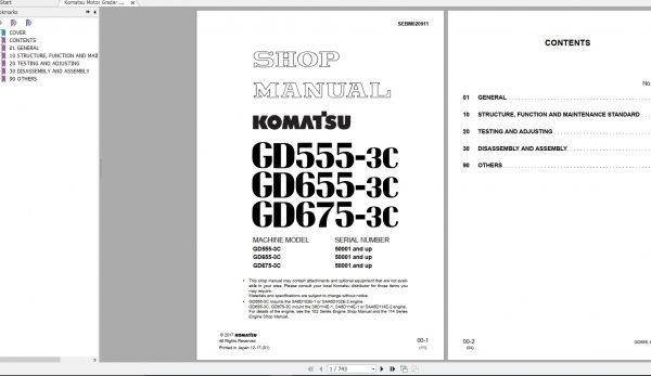 Komatsu Motor Grader GD555 655 675 3C USA SEBM020911 Shop Manual 2017 1
