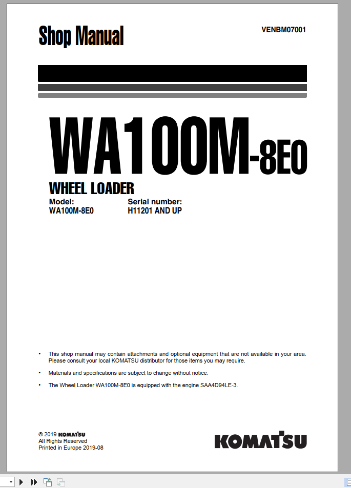 Komatsu Wheel Loader WA100M 8E0 Shop Manual VENBM07001 1