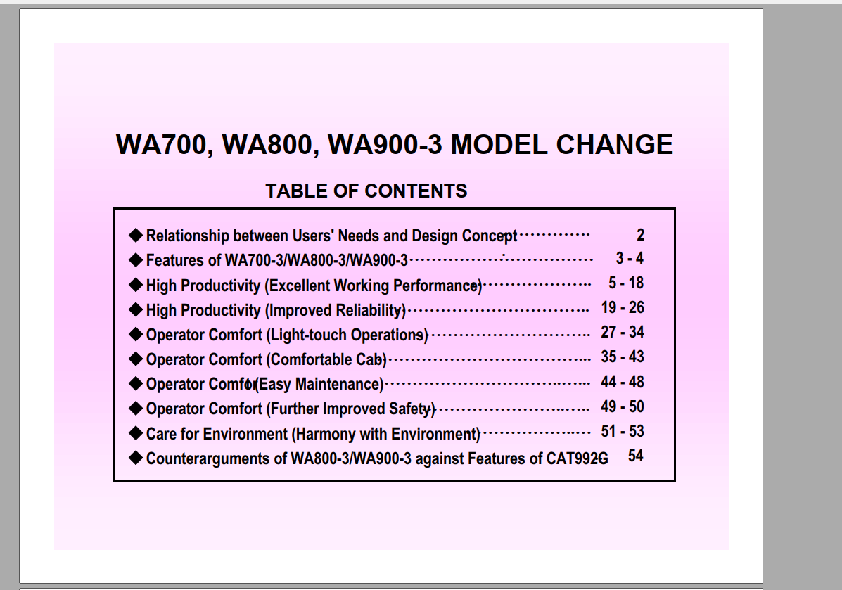 Komatsu Wheel Loader WA700 WA800 WA900 3 Model Change 1