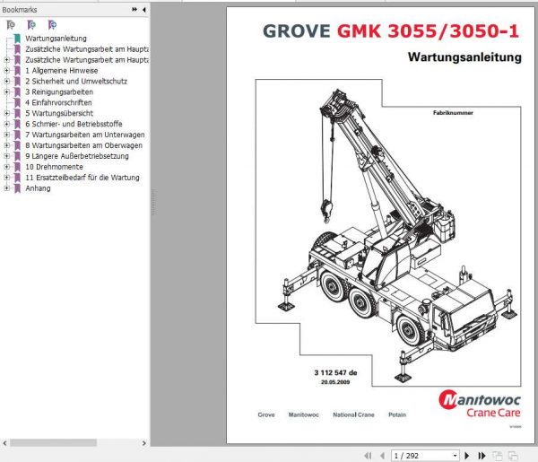 Manitowoc Grove Cranes GMK 3055 3050 1 Maintenance Manuals DE 1