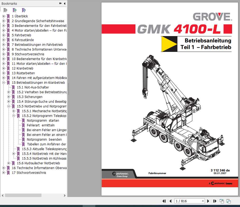 Manitowoc Grove Cranes GMK 4100 4100 L Operator Manuals DE 1