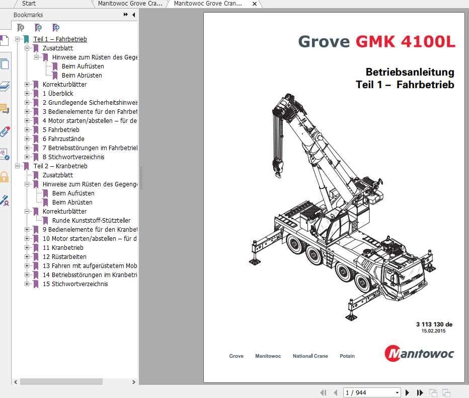 Manitowoc Grove Cranes GMK 4100L Operator Manuals DE 1