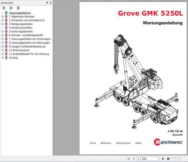 Manitowoc Grove Cranes GMK 5250L Maintenance Manuals DE 2
