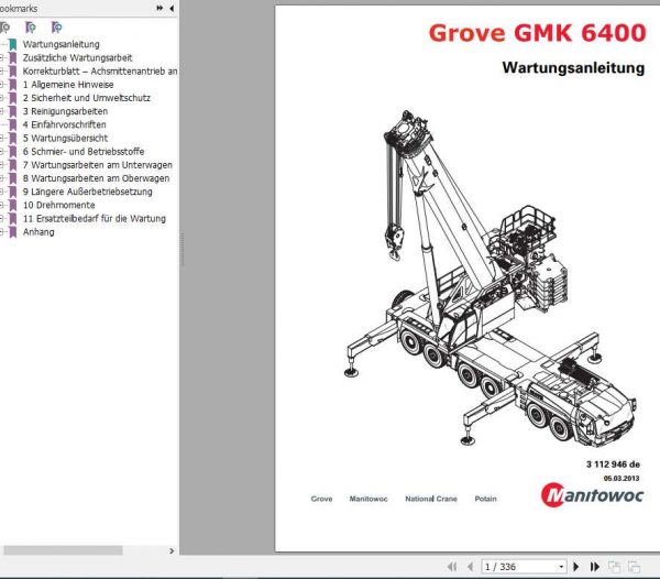 Manitowoc Grove Cranes GMK 6400 Maintenance Manuals DE 1