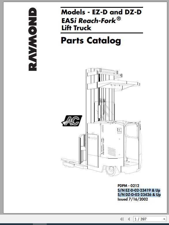 Raymond EASi Reach Fork Lift Truck EZ D DZ D Part Catalog PDPM 0212A 1
