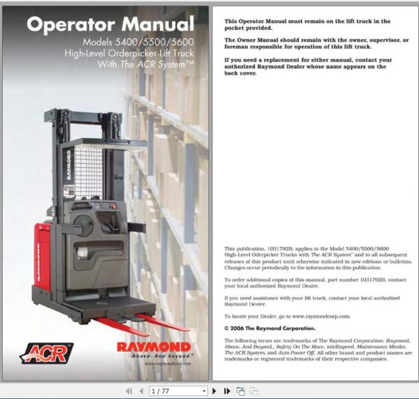 Raymond High Level Order Pick Lift Trucks 5400 5500 5600 Operator Manual 1031792B 1