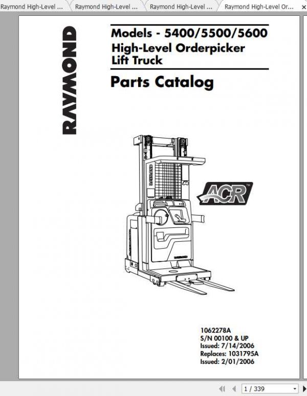 Raymond High Level Order Pick Lift Trucks 5400 5600 Maintenance Manual Part Catalog 2