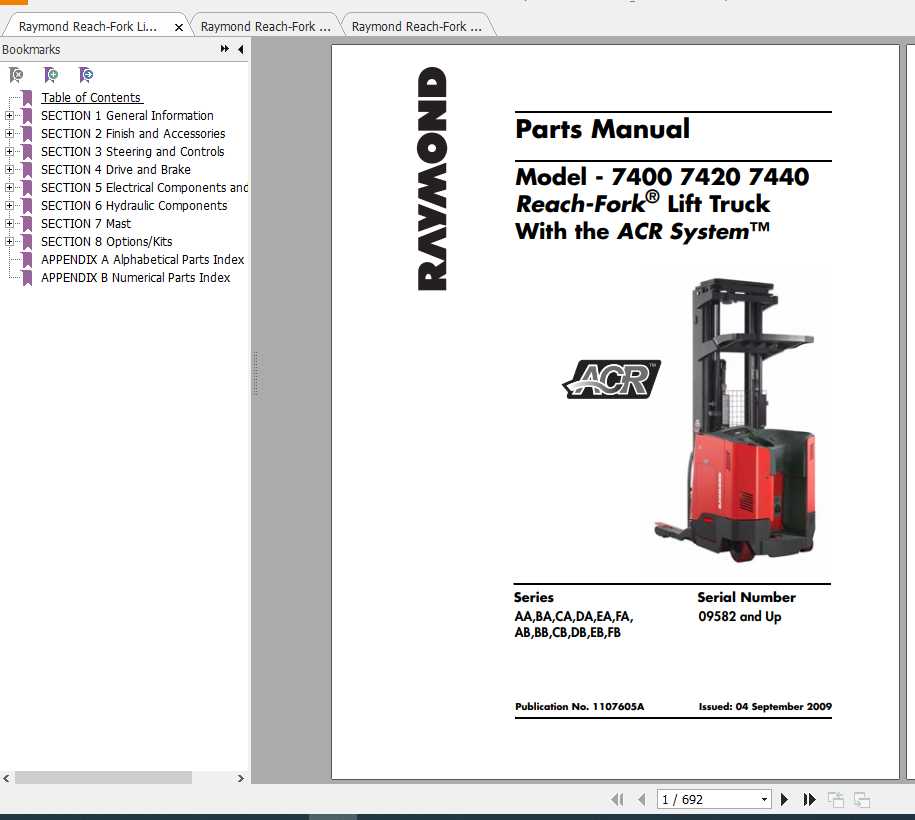 Raymond Reach Fork Lift Truck 7400 7420 7440 Part Catalog Maintenance Manual 1