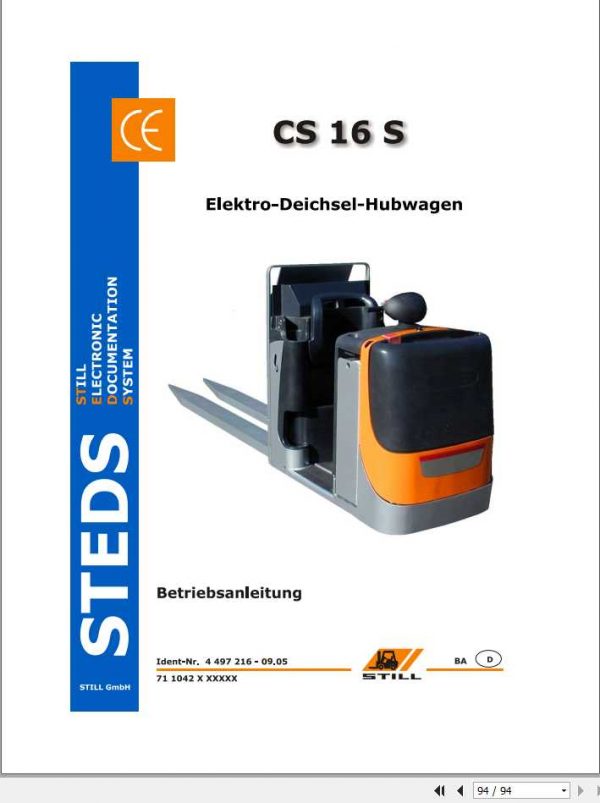 Still Electric Pedestrian Pallet Truck CS 16 S 1042 Operating Manual DE 1