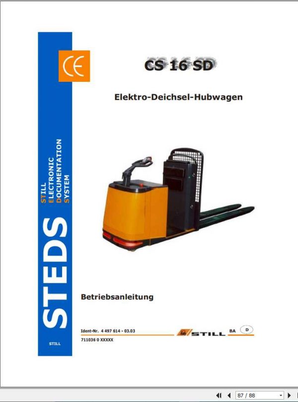 Still Electric Pedestrian Pallet Truck CS 16 SD 1036 Operating Manual DE 1