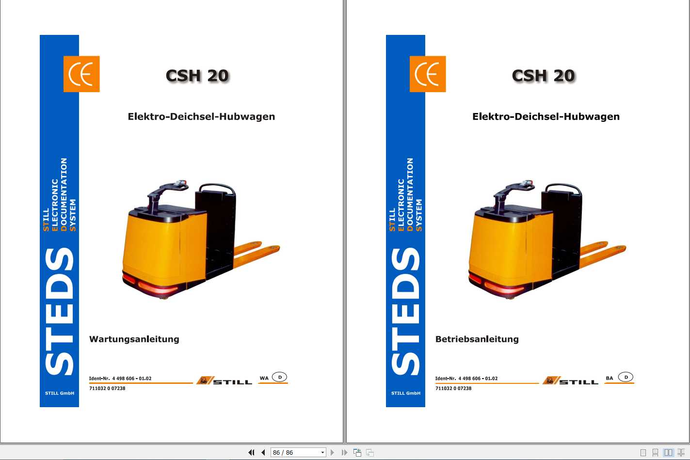 Still Electric Pedestrian Pallet Truck CSH 20 Operating Maintenance Manual DE 1