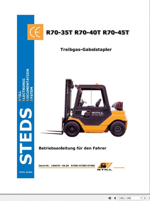 Still LPG Forklift R70 35T R70 40T R70 45T 7084 7086 User Manual DE 1