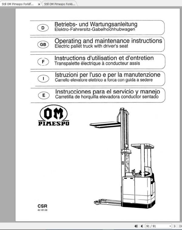 Still OM Pimespo Forklift CSR12 16ac CSRi12 16ac User Maintenance Manual DE 2