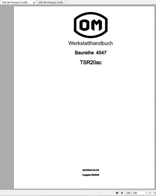 Still OM Pimespo Forklift Series 4147 4547 TSR20ac Workshop Manuals DE 1