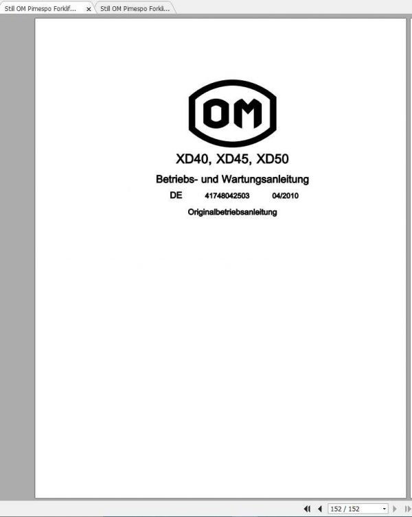 Still OM Pimespo Forklift XD40 XD45 XD50 Use Maintenance Manual DE 1