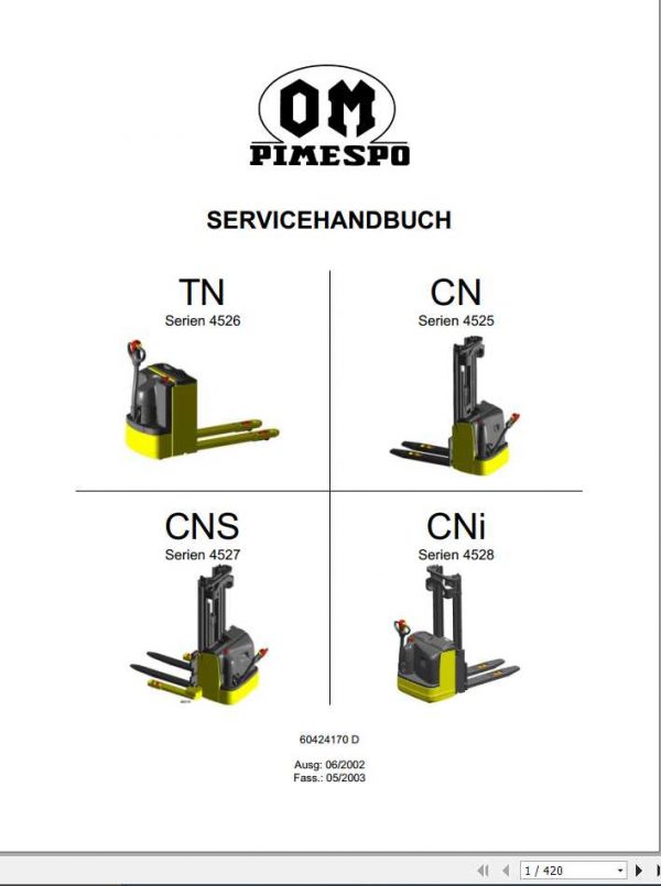 Still OM Pimespo Pallet Truck TN 4526 CN 4525 CNS 4527 CNi 4528 Workshop Manual DE 1