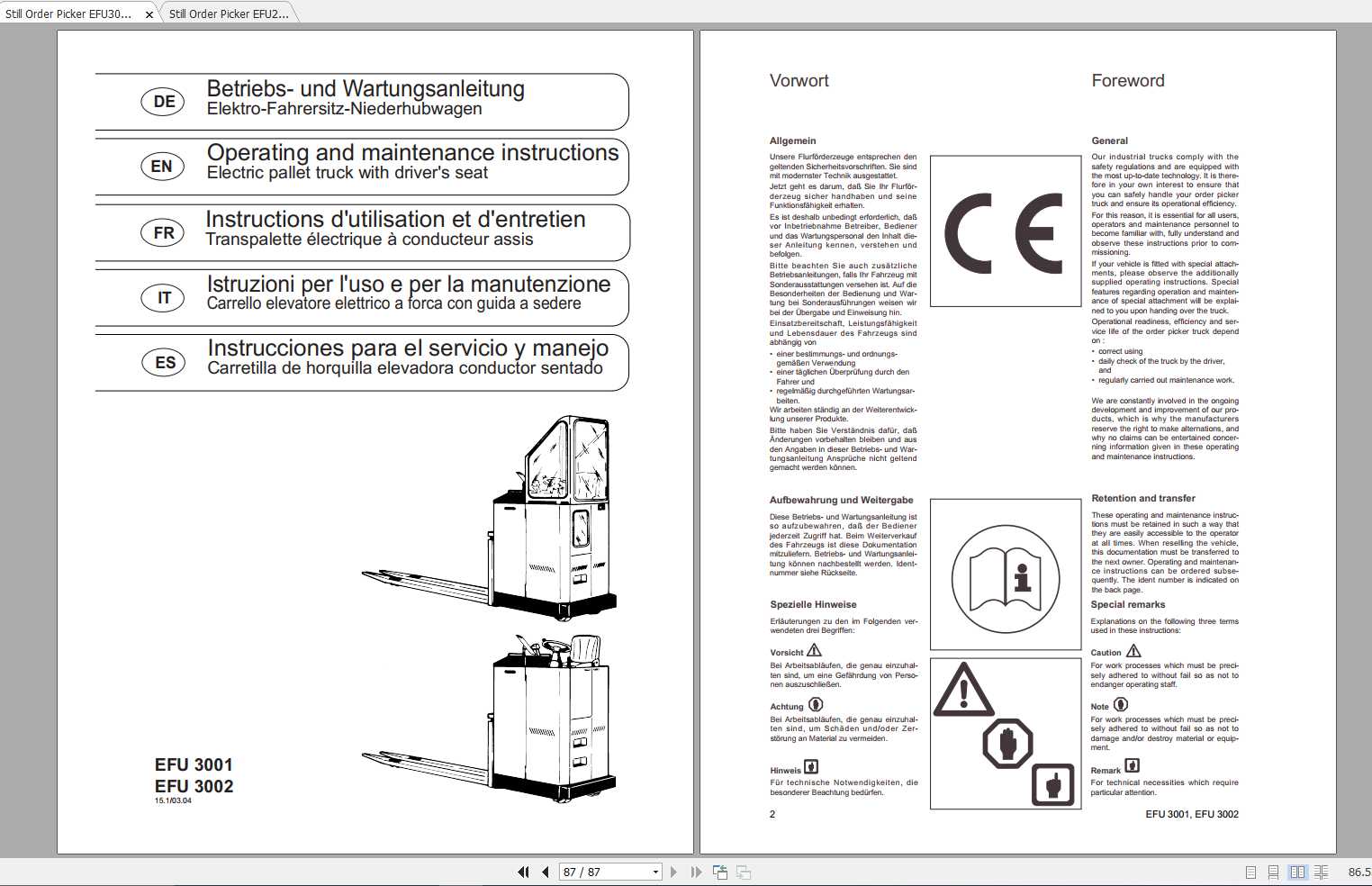 Still Order Picker EFU 2000 3000 3001 3002 Operating Manual DE 1