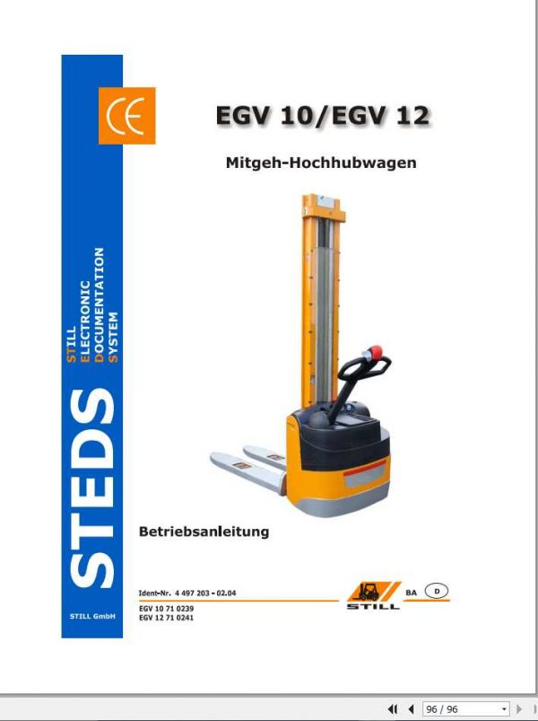 Still Pallet Stacker EGV10 EGV12 Operating Maintenance Manual DE 1