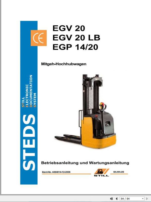 Still Pallet Stacker EGV20 EGV20LB EGP14 20 Operating Maintenance Manuals DE 1