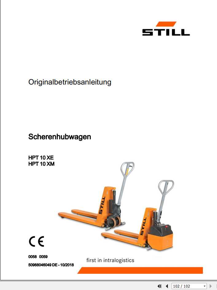 Still Pallet Truck HPT 10XE HPT 10XM 0058 0059 Operating Maintenance Manual DE 1