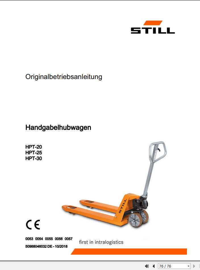 Still Pallet Truck HPT 20 HPT 25 hpt 30 0053 0057 Operating Maintenance Manual DE 1