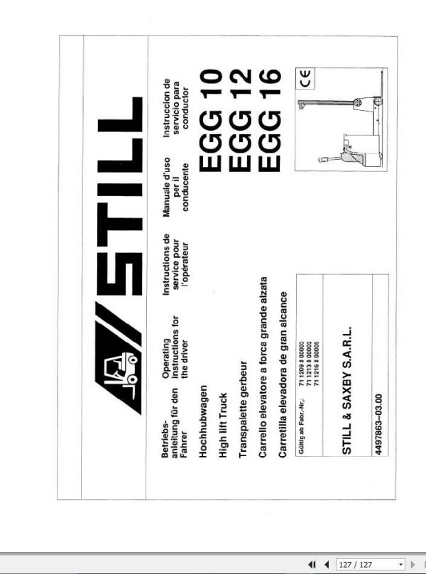 Still Saxby High Lift Truck EGG 10 12 16 Operating Manual 1