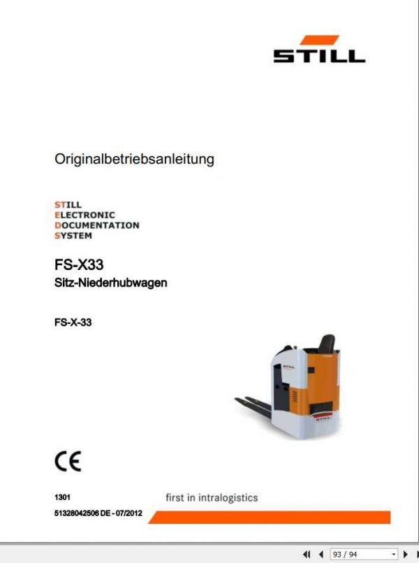 Still Seated Pallet Truck FS X 33 1301 Operating Manual DE 1
