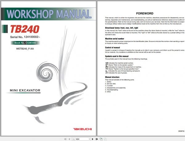 Takeuchi Mini Excavators TB240 Workshop Manual WETB240 F XA 1