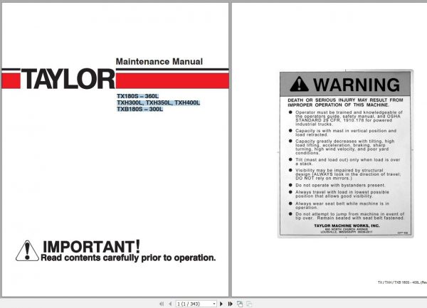Taylor Forklift T 180S 360LTXH300LTXH350LTXH400LTXB180S 300L Maintenance Manual 1