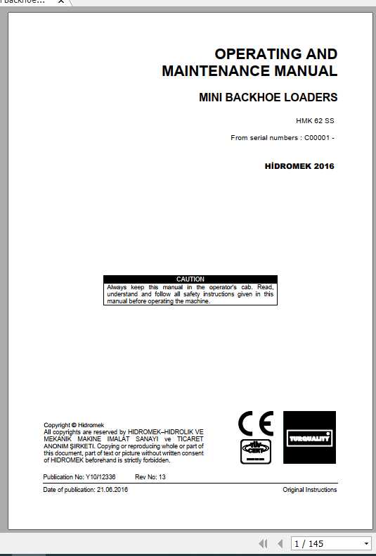 Hidromek Mini Backhoe Loader HMK 62SS Operator And Maintenance Manual 2016 1