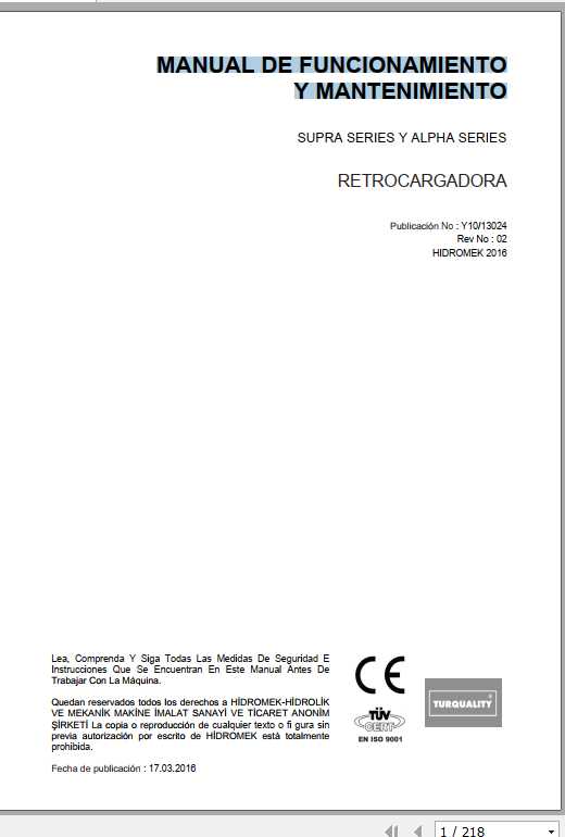 Hidromek SUPRA SERIES Y ALPHA SERIES HMK Operator Maintenance Manual 2016 1