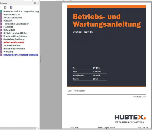 Hubtex Forklift CT105 4200 PU Operating Instructions and Spare Parts List DE 1