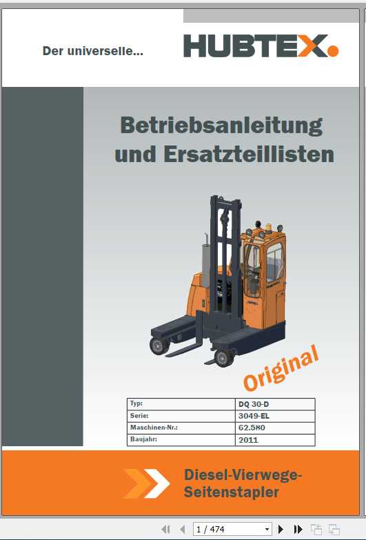 Hubtex Forklift DQ 30 D 3049 EL Operating Instructions and Spare Parts List DE 1