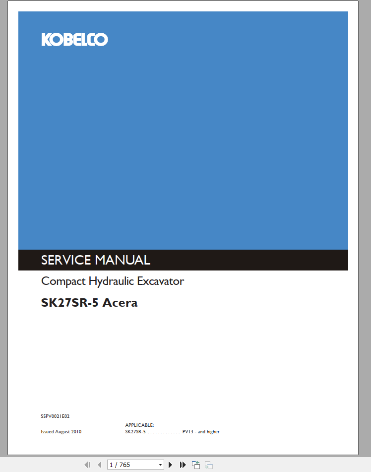 Kobelco Compact Hydraulic Excavator SSK27SR 5 Acera Service Manual S5PV0021E02 1